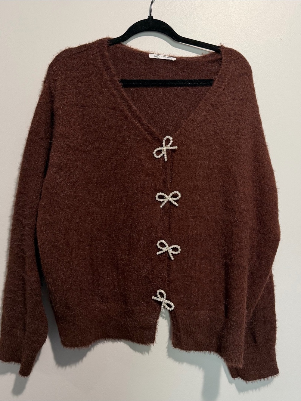 CUPSHE Brown Bow Cardigan Sweater XL Pearl Bow Closures